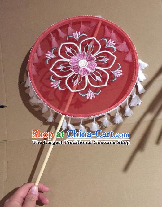 Chinese Classical Wedding Red Silk Fans Handmade Tassel Round Fan Ancient Tang Dynasty Princess Hanfu Embroidered Palace Fan