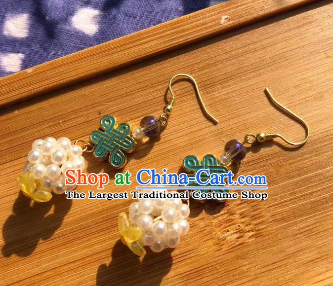 Handmade Chinese Classical Pearls Eardrop Ear Accessories Ancient Ming Dynasty Princess Hanfu Cloisonne Earrings