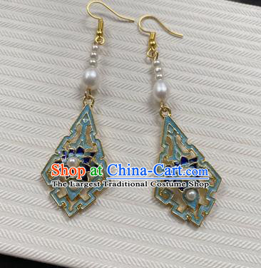 Handmade Chinese Classical Pearl Eardrop Ear Accessories Ancient Ming Dynasty Princess Hanfu Blueing Lotus Earrings