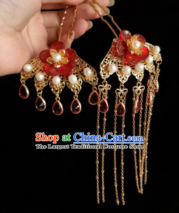 Chinese Ancient Princess Red Plum Blossom Hairpins Hair Accessories Handmade Cheongsam Crystal Tassel Hair Stick