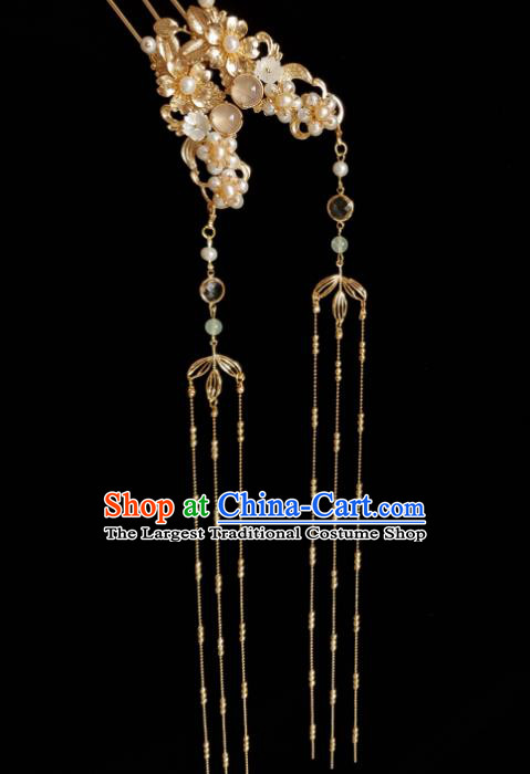 Chinese Ancient Empress Chalcedony Pearls Hairpins Hair Accessories Handmade Ming Dynasty Hanfu Golden Tassel Hair Stick