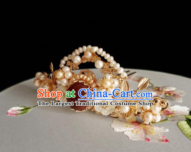 Chinese Ancient Empress Red Stone Hair Crown Hairpins Hair Accessories Handmade Ming Dynasty Hanfu Pearls Hair Stick