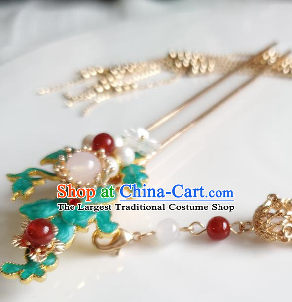 Chinese Ancient Princess Pearls Blueing Hair Stick Hair Accessories Handmade Ming Dynasty Hanfu Golden Tassel Hairpins