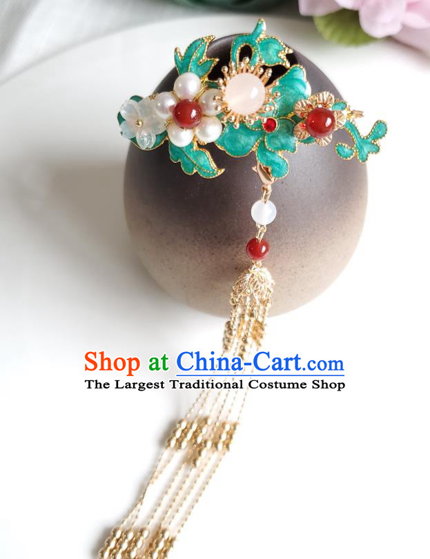 Chinese Ancient Princess Blueing Jasminum Hair Stick Hair Accessories Handmade Ming Dynasty Hanfu Golden Tassel Pearls Hairpins