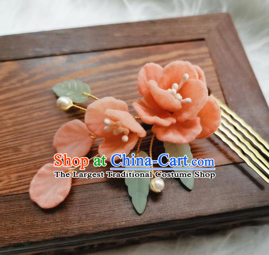 Chinese Qing Dynasty Pink Camellia Hair Comb Handmade Hair Accessories Hanfu Ancient Princess Velvet Flowers Hairpins