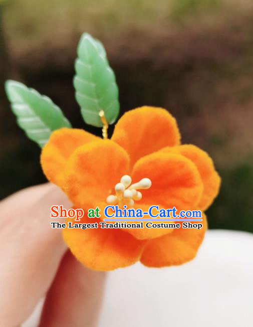 Chinese Qing Dynasty Orange Velvet Camellia Hair Stick Handmade Hair Accessories Hanfu Ancient Princess Flowers Hairpins