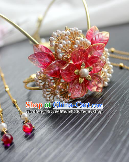 Chinese Classical Golden Pine Hair Crown Handmade Hanfu Hair Accessories Ancient Ming Dynasty Peach Blossom Tassel Hairpins