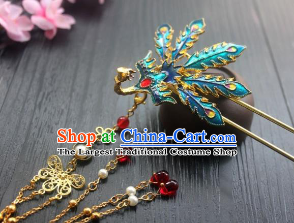 Chinese Classical Blueing Peacock Hair Stick Handmade Hanfu Hair Accessories Ancient Ming Dynasty Court Golden Tassel Hairpins