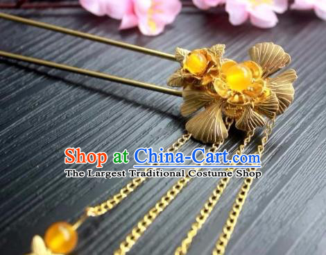 Chinese Classical Hair Stick Handmade Hanfu Hair Accessories Ancient Jin Dynasty Court Golden Ginkgo Leaf Tassel Hairpins