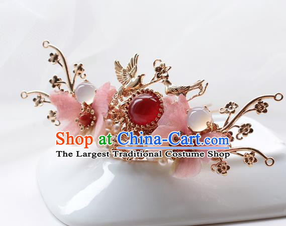 Chinese Classical Pink Silk Butterfly Hair Crown Handmade Hanfu Hair Accessories Ancient Ming Dynasty Princess Golden Plum Bird Hairpins