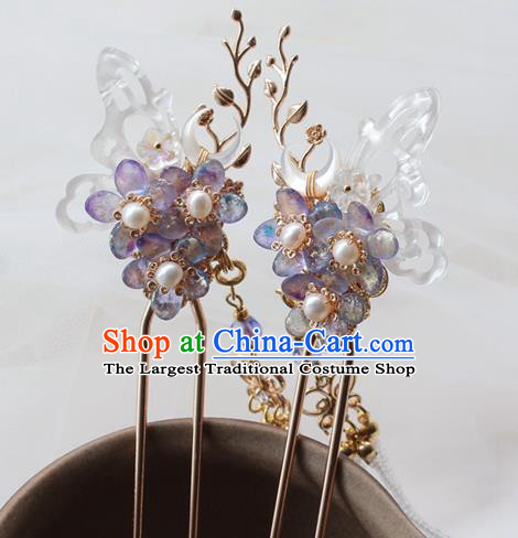 Chinese Classical Purple Plum Hair Stick Handmade Hanfu Hair Accessories Ancient Ming Dynasty Princess Butterfly Hairpins