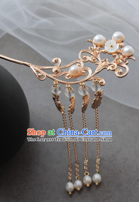 Chinese Classical Pearls Tassel Hair Stick Handmade Hanfu Hair Accessories Ancient Ming Dynasty Princess Golden Hairpins