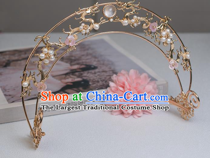 Chinese Classical Court Golden Dragon Hair Crown Handmade Hanfu Hair Accessories Ancient Song Dynasty Princess Pearls Hairpins