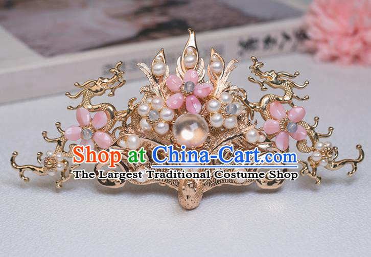 Chinese Classical Court Pearls Hair Crown Handmade Hanfu Hair Accessories Ancient Song Dynasty Princess Pearls Golden Phoenix Hairpins