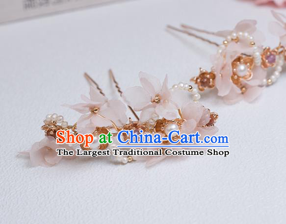 Chinese Classical Court Pearls Hair Stick Handmade Hanfu Hair Accessories Ancient Ming Dynasty Princess Pink Silk Flowers Hairpins