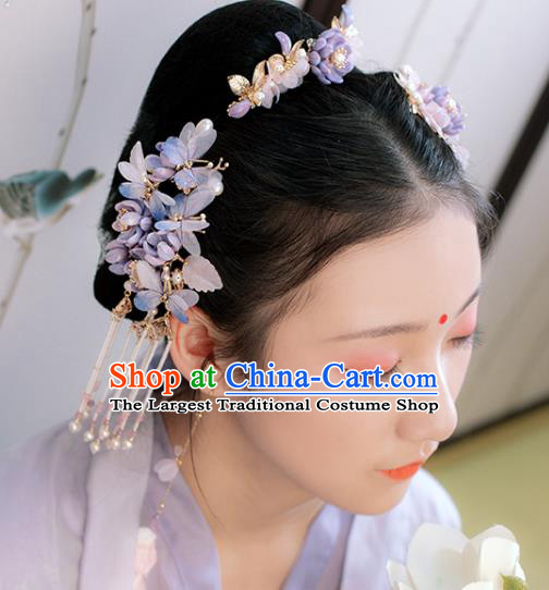 Chinese Classical Court Purple Butterfly Hair Stick Handmade Hanfu Hair Accessories Ancient Ming Dynasty Princess Flowers Tassel Hairpins