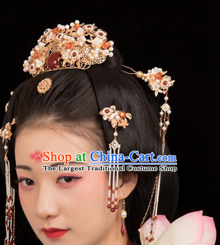 Chinese Classical Court Agate Pearls Hair Crown Handmade Hanfu Hair Accessories Ancient Ming Dynasty Empress Golden Hairpins