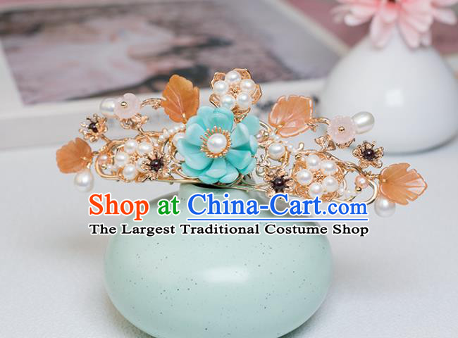 Chinese Classical Court Blue Flower Hair Comb Handmade Hanfu Hair Accessories Ancient Ming Dynasty Empress Pearls Hairpins Hair Crown