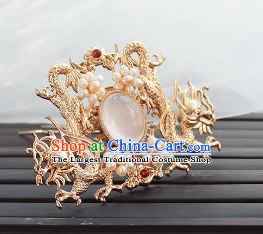 Chinese Classical Golden Dragons Hair Crown Handmade Hanfu Hair Accessories Ancient Ming Dynasty Empress Pearls Hairpins