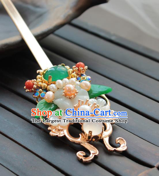 Chinese Classical Jade Plum Hair Stick Handmade Hanfu Hair Accessories Ancient Ming Dynasty Empress Pearls Golden Hairpins