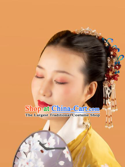 Chinese Classical Court Red Flowers Hair Crown Handmade Hanfu Hair Accessories Ancient Ming Dynasty Empress Pearls Tassel Hairpins Hair Clasp