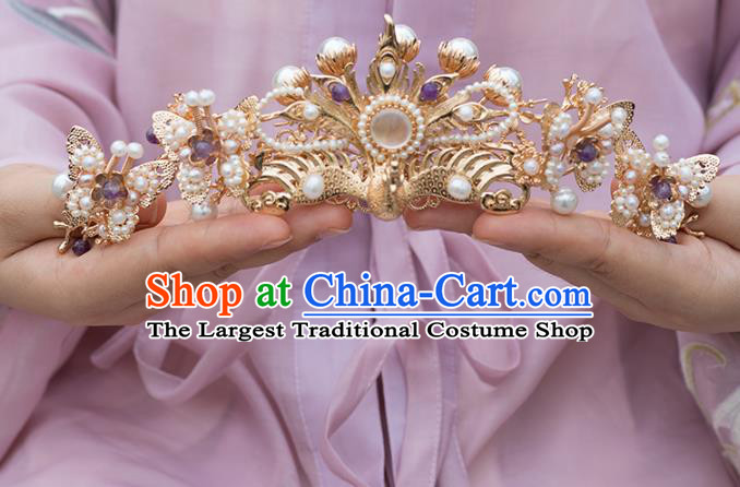 Chinese Classical Palace Pearls Butterfly Hair Crown Handmade Hanfu Hair Accessories Ancient Ming Dynasty Empress Golden Phoenix Hairpins