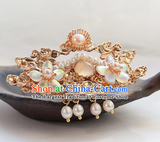 Chinese Classical Golden Hair Crown Handmade Hanfu Hair Accessories Ancient Ming Dynasty Empress Pearls Cloud Hairpins