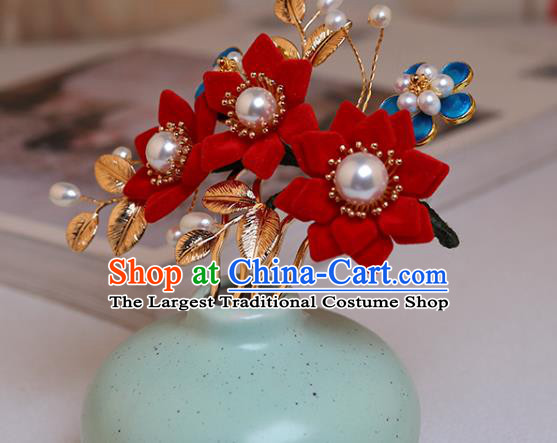 Chinese Classical Court Red Lotus Hair Comb Handmade Hanfu Hair Accessories Ancient Ming Dynasty Princess Golden Hairpins