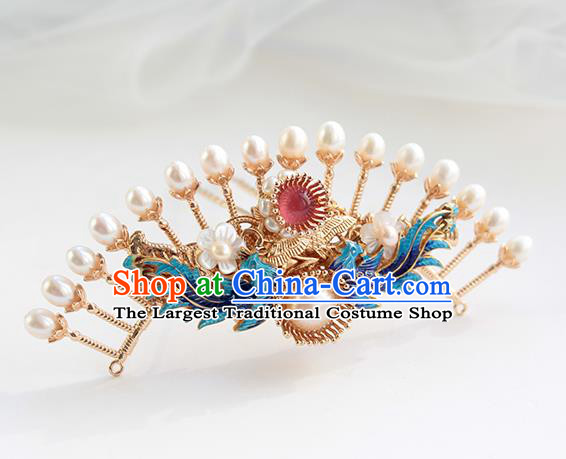 Chinese Classical Blueing Phoenix Hair Crown Handmade Hanfu Hair Accessories Ancient Ming Dynasty Empress Pearls Golden Hairpins