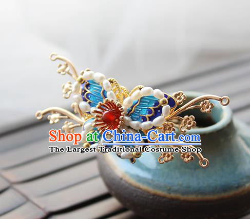 Chinese Classical Pearls Golden Hair Crown Handmade Hanfu Hair Accessories Ancient Ming Dynasty Empress Blueing Butterfly Hairpins