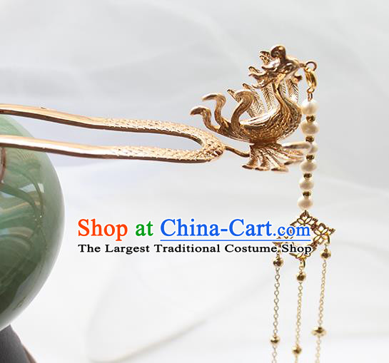 Chinese Classical Golden Phoenix Hair Stick Handmade Hanfu Hair Accessories Ancient Ming Dynasty Empress Tassel Hairpins