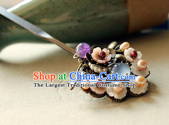 Chinese Classical Pearls Black Hair Stick Handmade Hanfu Hair Accessories Ancient Ming Dynasty Queen Blue Chalcedony Hairpins