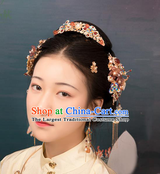 Chinese Classical Blueing Pearls Hair Comb Handmade Hanfu Hair Accessories Ancient Ming Dynasty Princess Hairpins Agate Hair Crown