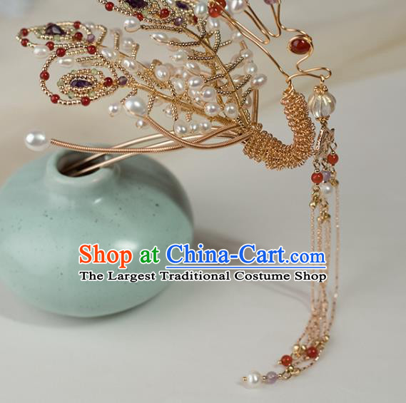 Chinese Classical Court Hair Stick Handmade Hanfu Hair Accessories Ancient Ming Dynasty Princess Pearls Golden Phoenix Hairpins