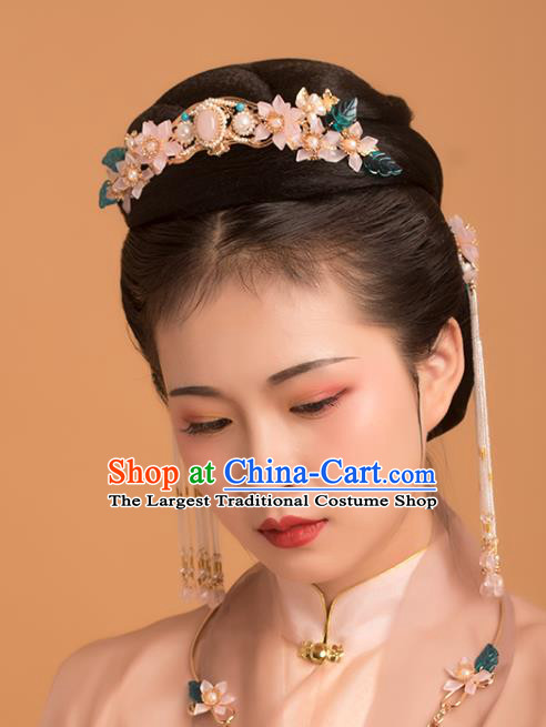 Chinese Classical Palace Pink Lotus Pearls Hair Crown Handmade Hanfu Hair Accessories Ancient Ming Dynasty Empress Hairpins