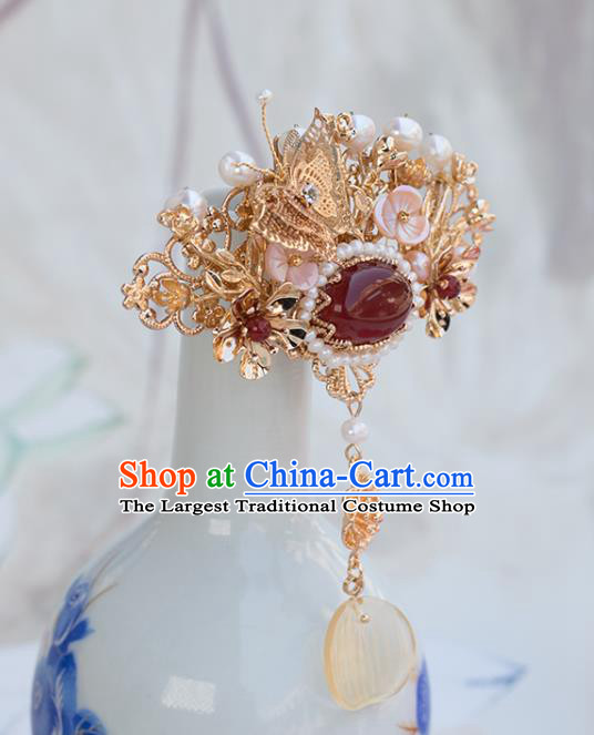 Chinese Classical Palace Golden Butterfly Hair Crown Handmade Hanfu Hair Accessories Ancient Ming Dynasty Empress Pearls Agate Hairpins