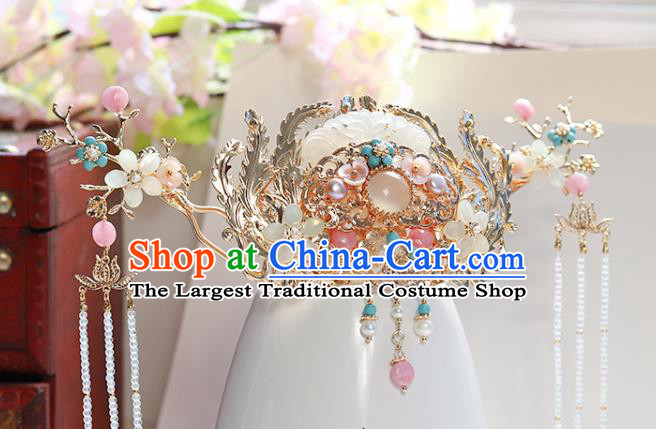 Chinese Classical Palace Jade Hair Crown Handmade Hanfu Hair Accessories Ancient Ming Dynasty Empress Pearls Chalcedony Hairpins