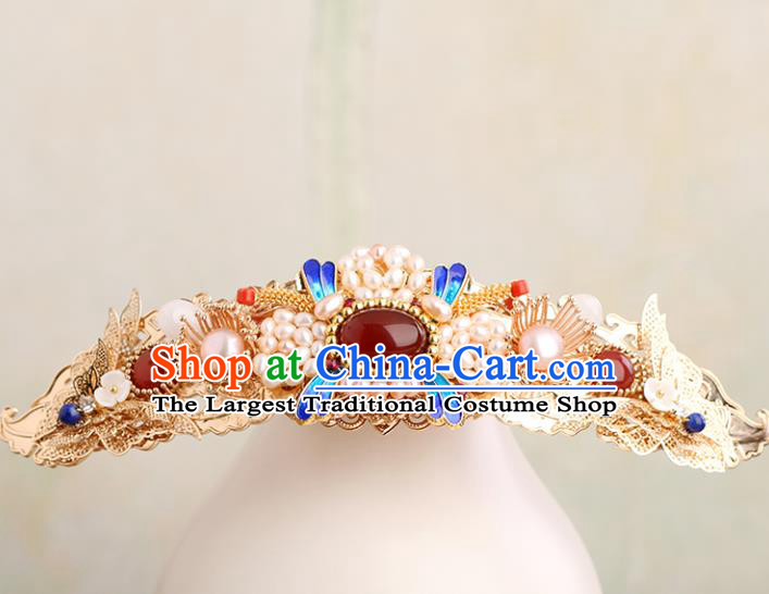 Chinese Classical Palace Pearls Agate Hair Crown Handmade Hanfu Hair Accessories Ancient Ming Dynasty Princess Golden Butterfly Hairpins