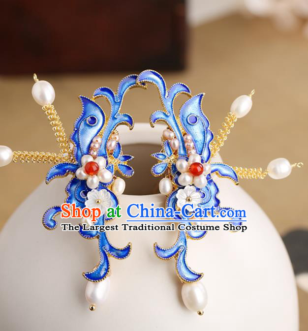 Chinese Classical Palace Blueing Pearls Hair Stick Handmade Hanfu Hair Accessories Ancient Ming Dynasty Princess Hairpins