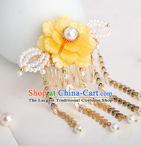 Chinese Classical Palace Yellow Peony Tassel Hair Comb Handmade Hanfu Hair Accessories Ancient Ming Dynasty Princess Hairpins