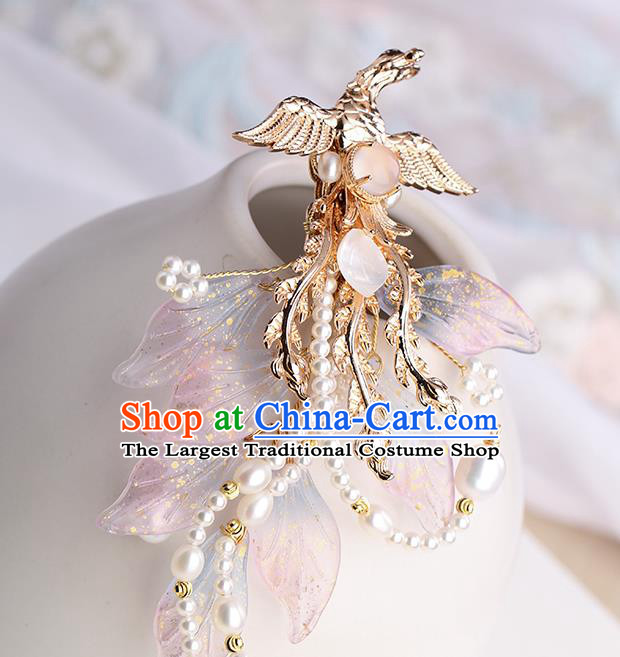 Chinese Classical Palace Pink Phoenix Hair Sticks Handmade Hanfu Hair Accessories Ancient Ming Dynasty Princess Pearls Hairpins