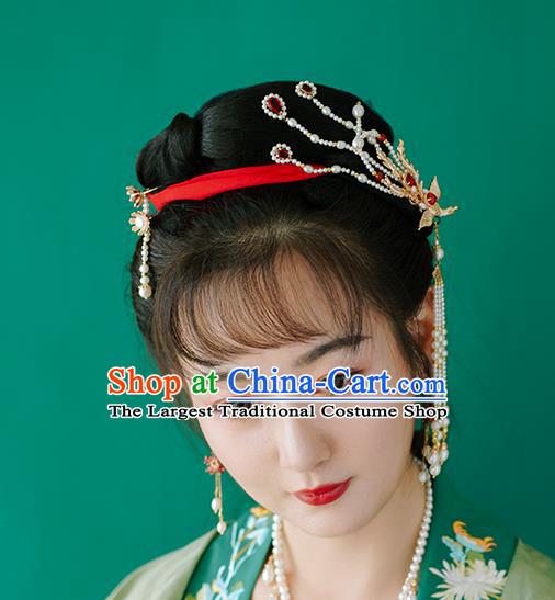 Chinese Classical Palace Pearls Phoenix Hair Sticks Handmade Hanfu Hair Accessories Ancient Ming Dynasty Princess Tassel Hairpins
