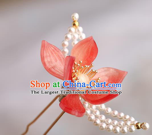 Chinese Classical Palace Red Lotus Hair Sticks Handmade Hanfu Hair Accessories Ancient Song Dynasty Princess Hairpins