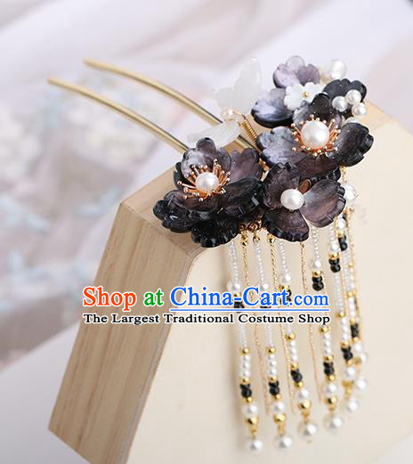 Chinese Classical Palace Tassel Hair Sticks Handmade Hanfu Hair Accessories Ancient Ming Dynasty Princess Black Flowers Hairpins