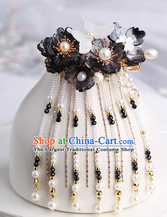 Chinese Classical Palace Shell Butterfly Hair Sticks Handmade Hanfu Hair Accessories Ancient Ming Dynasty Princess Black Flowers Tassel Hairpins