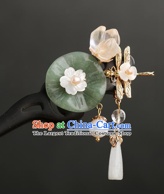 Chinese Classical Palace Jade Lotus Leaf Hair Sticks Handmade Hanfu Hair Accessories Ancient Ming Dynasty Princess Ebony Hairpins