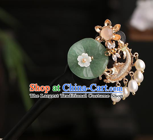 Chinese Classical Palace Golden Fish Hair Sticks Handmade Hanfu Hair Accessories Ancient Ming Dynasty Princess Jade Lotus Leaf Ebony Hairpins