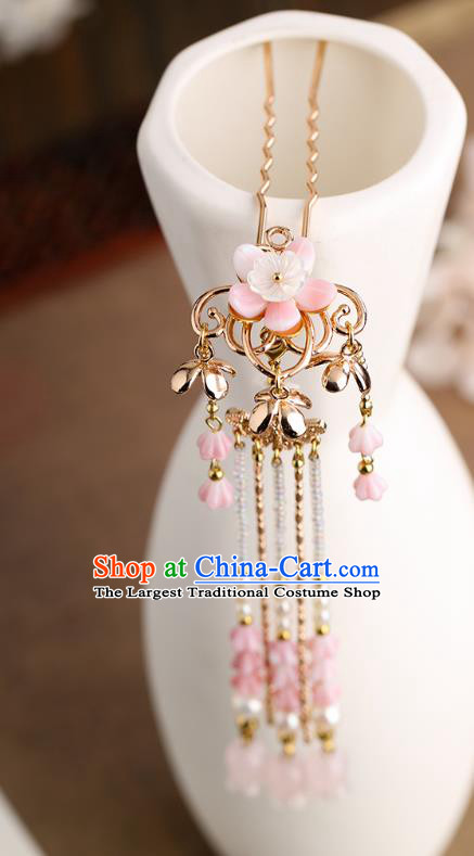 Chinese Classical Palace Pink Flower Tassel Hair Stick Handmade Hanfu Hair Accessories Ancient Ming Dynasty Princess Golden Hairpins