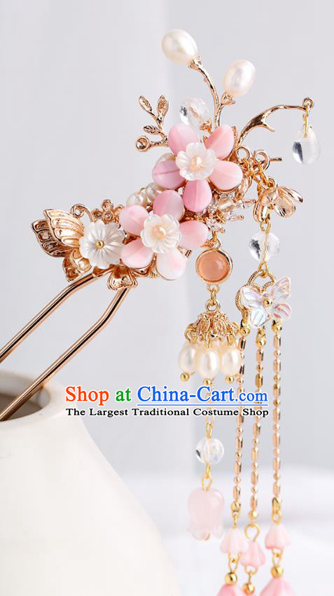 Chinese Classical Palace Pink Plum Tassel Hair Stick Handmade Hanfu Hair Accessories Ancient Ming Dynasty Princess Golden Hairpins