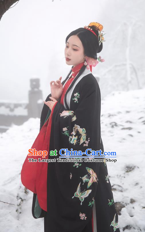 Chinese Ming Dynasty Countess Historical Costumes Traditional Hanfu Apparels Embroidered Black Cape Blouse and Skirt for Patrician Women